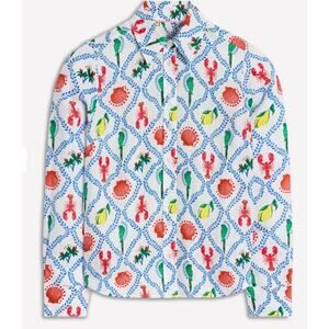 Boden Sienna Linen Shirt Women’s Size 2 Ivory Tropical‎ Fruit Shell Print Summer